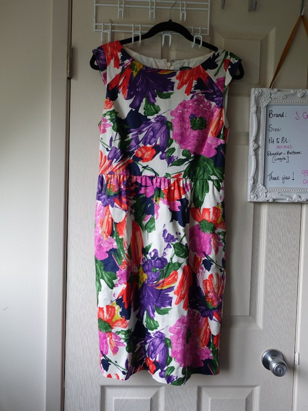 COTTON J. Crew White Floral Sheath Dress with Pink, Purple, Green & Orange